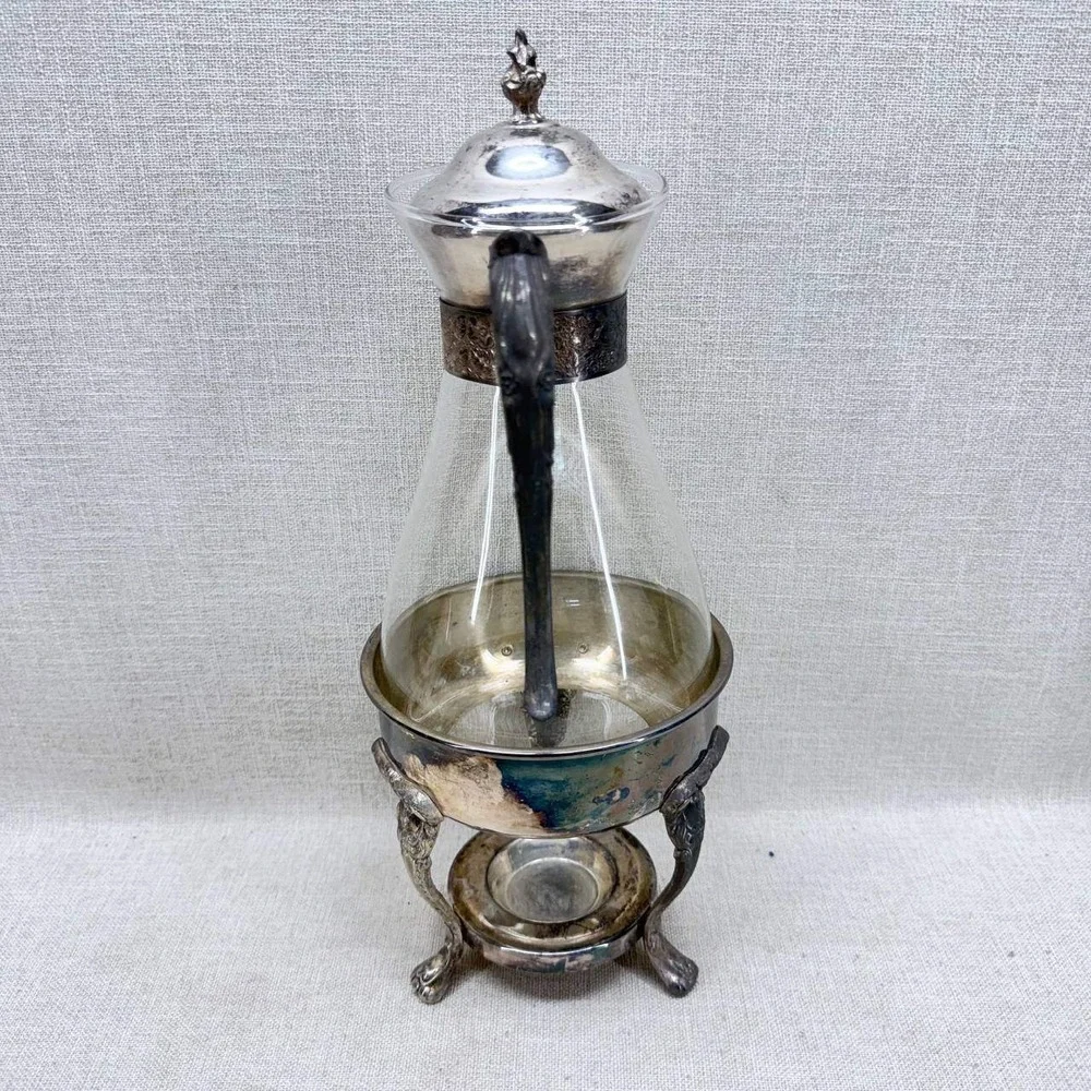 Sheridan Silver Plated Glass Coffee Carafe Decanter with Warmer Stand Vintage